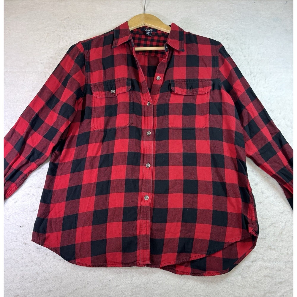 Chaps Buffalo Plaid Flannel Shirt Size L Black Red Long Sleeve Button Up